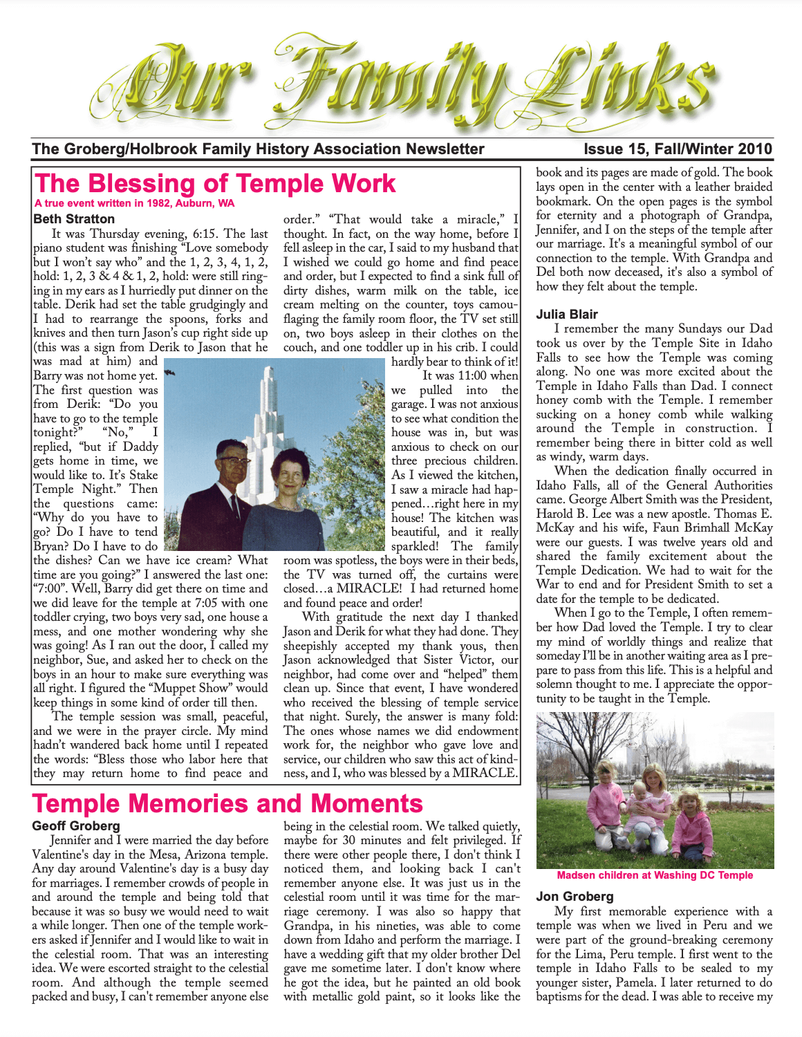 The front page of this issue's family newsletter